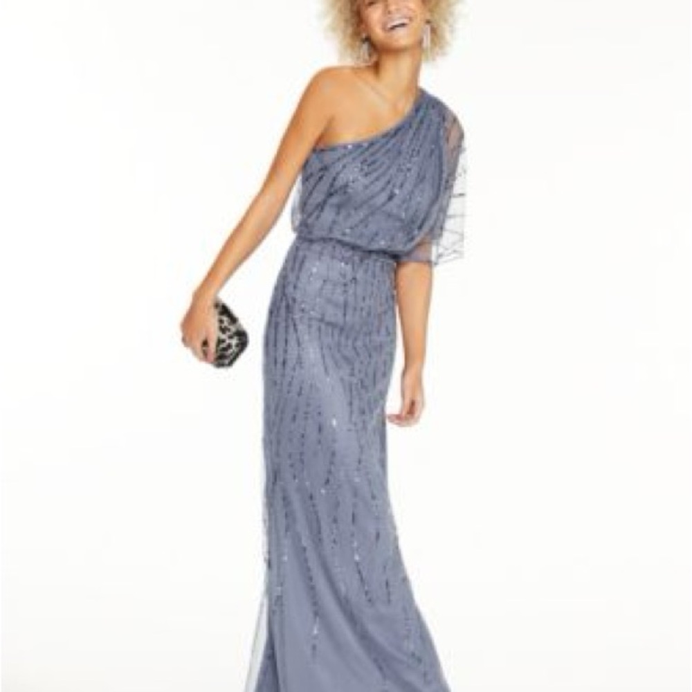 Adrianna Papell Draped One Shoulder Dress With Sequin Detail Dusty Blue Size 14